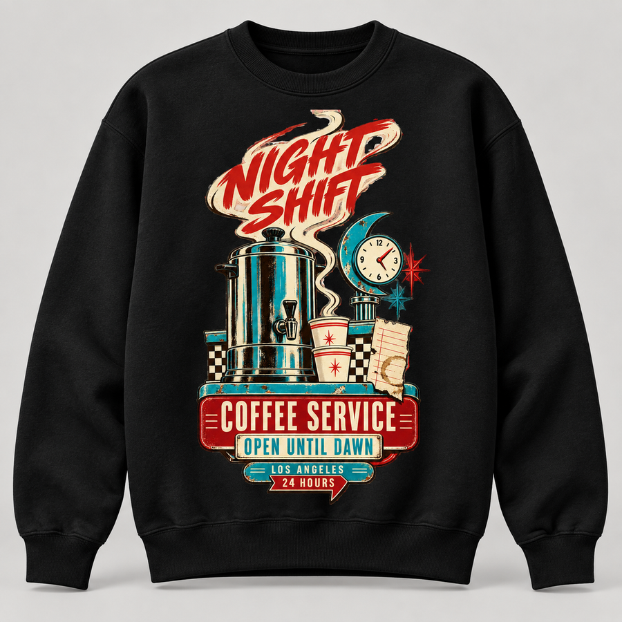 Night Shift Coffee Service black Sweatshirt mockup