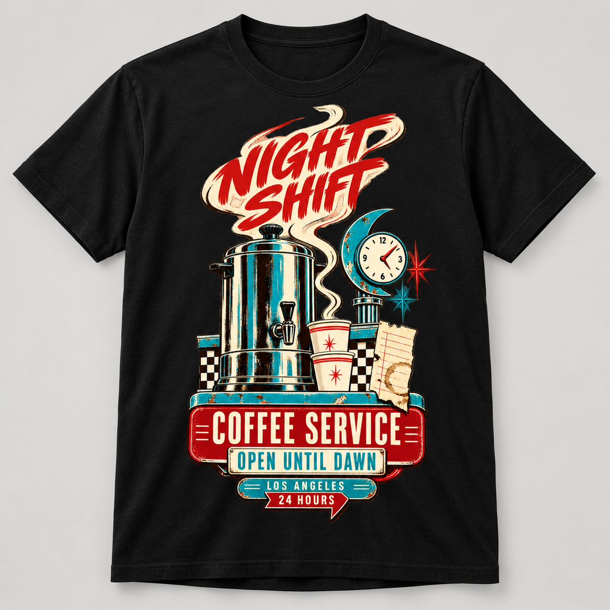 Night Shift Coffee Service black T-Shirt mockup