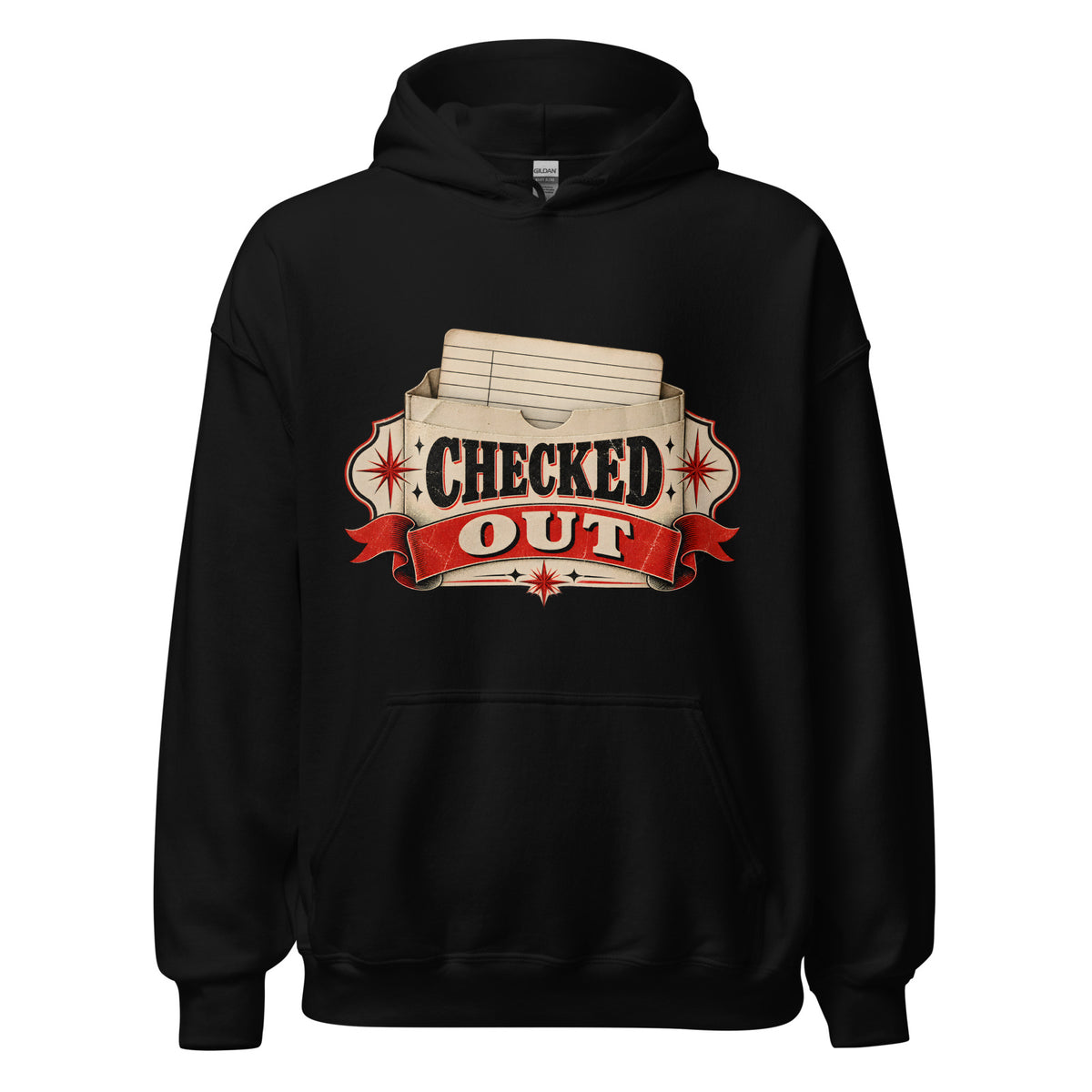 Checked Out Hoodie in Black — official front print preview