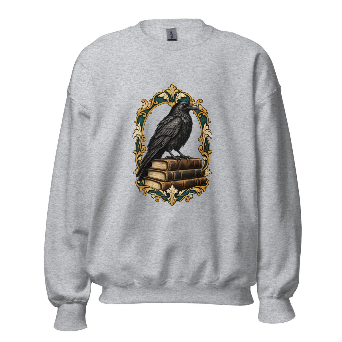 The Raven & the Stacks Crewneck Sweatshirt in Sport Grey — official front print preview