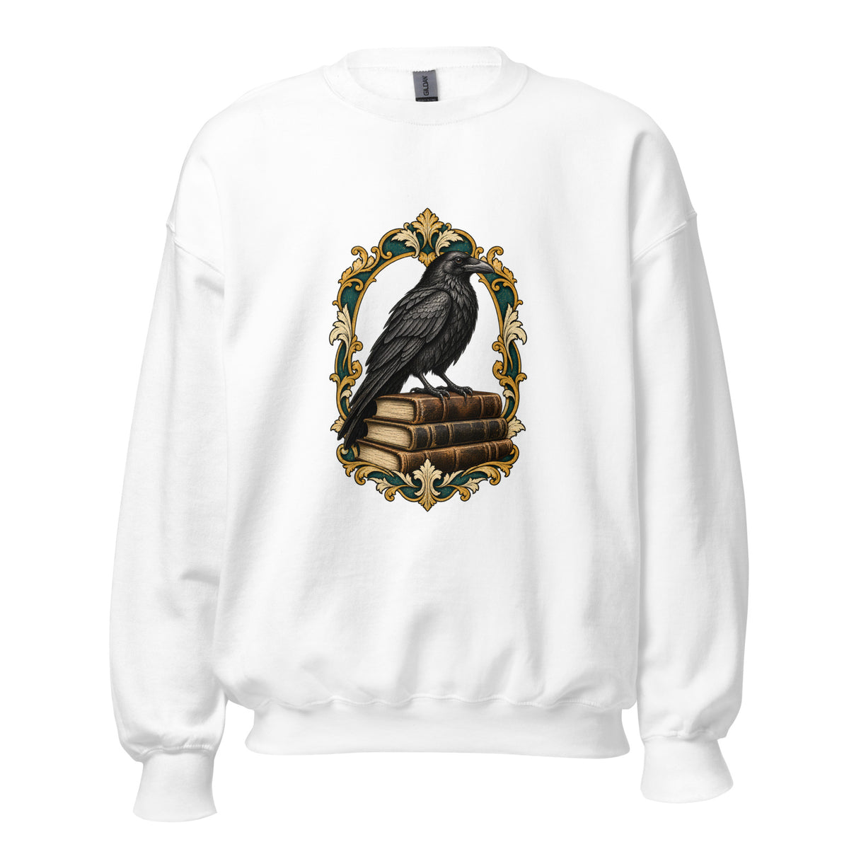 The Raven & the Stacks Crewneck Sweatshirt in White — official front print preview