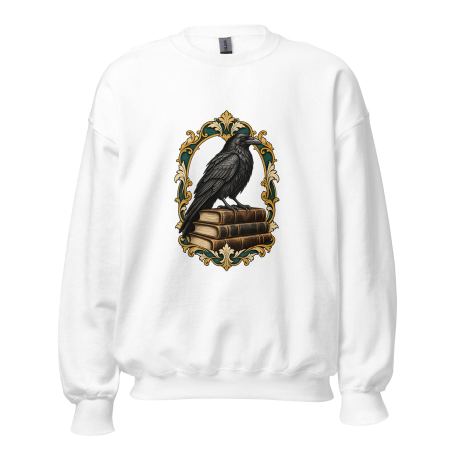 The Raven & the Stacks Crewneck Sweatshirt in White — official front print preview