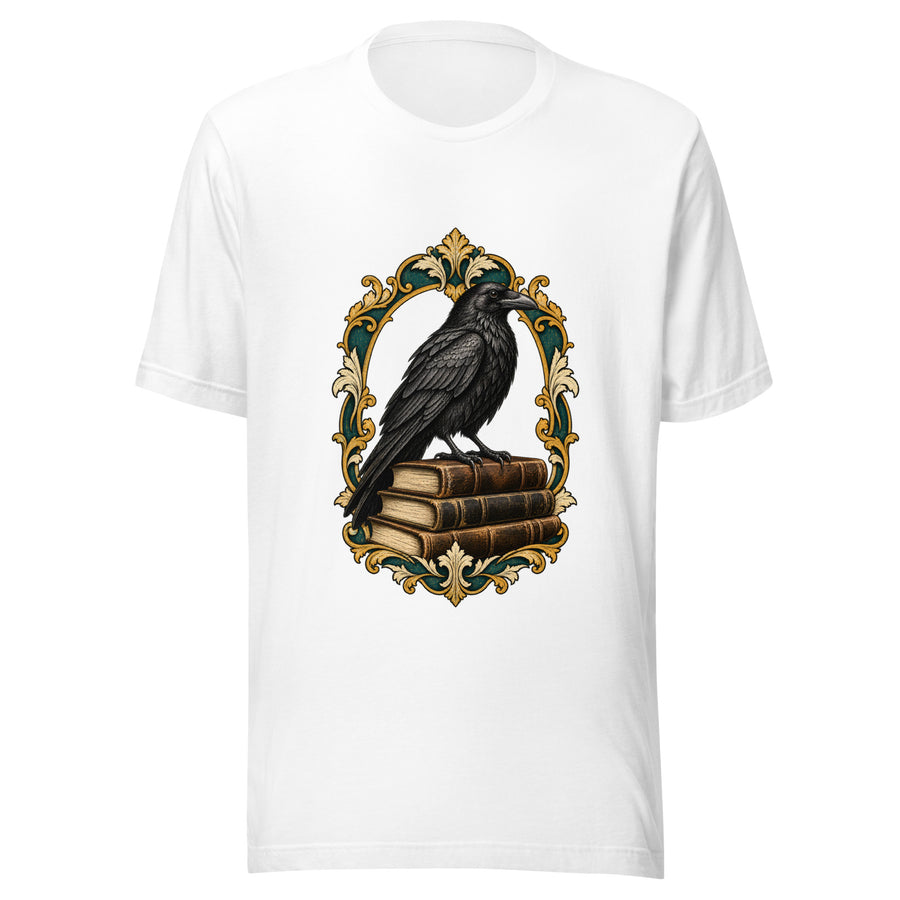 The Raven & the Stacks T-Shirt in White — official front print preview