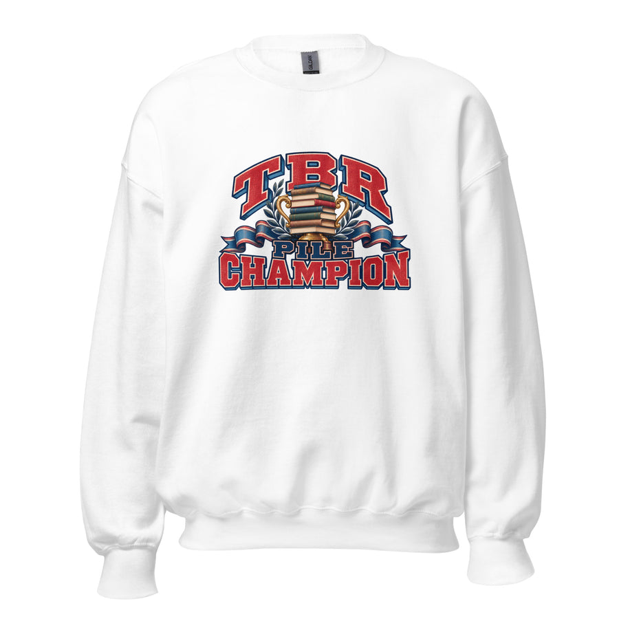 TBR Pile Champion Crewneck Sweatshirt in White — official front print preview