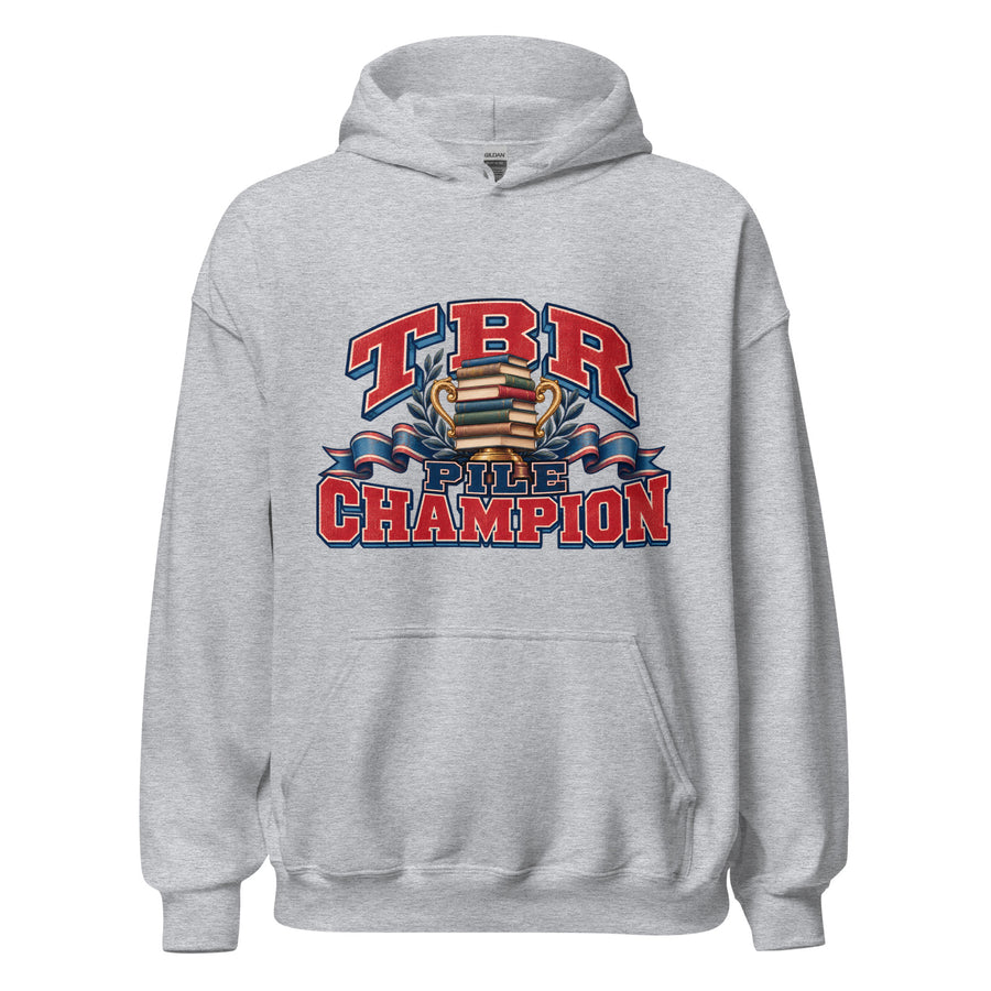 TBR Pile Champion Hoodie in Sport Grey — official front print preview