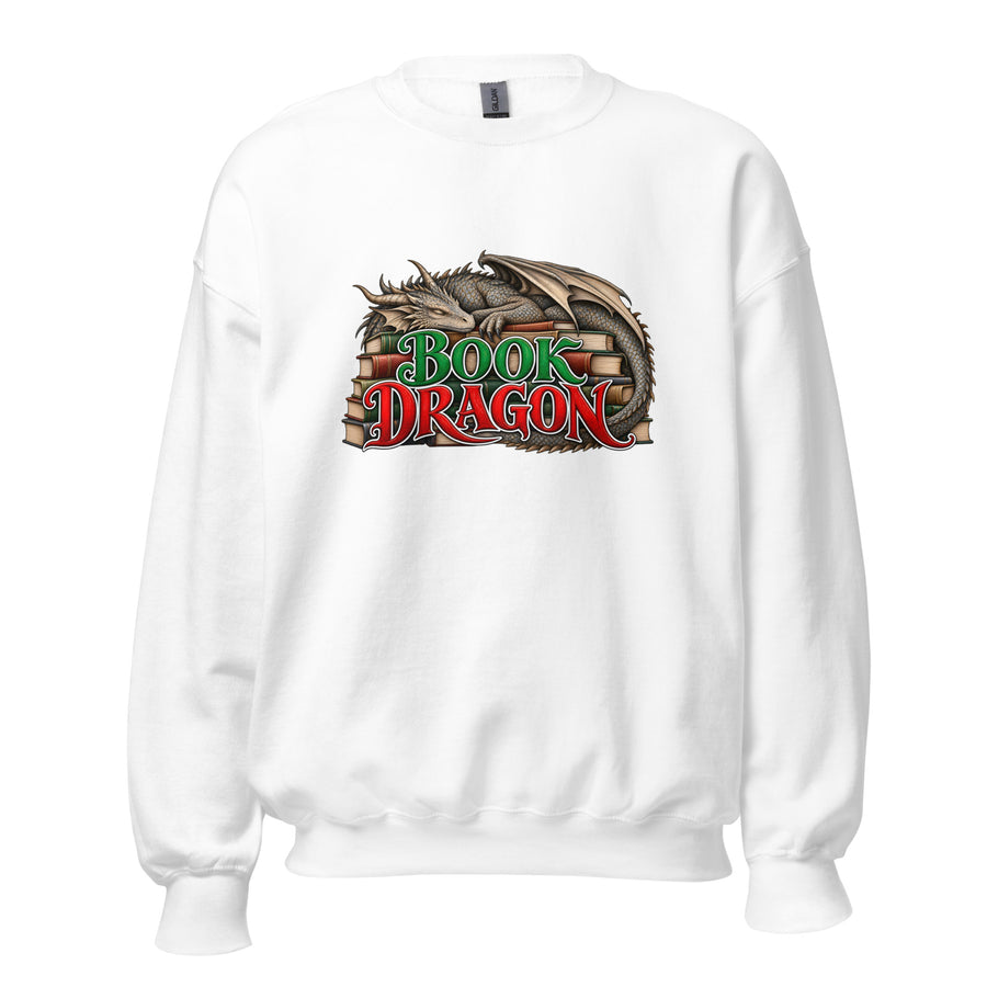 Book Dragon Crewneck Sweatshirt in White — official front print preview