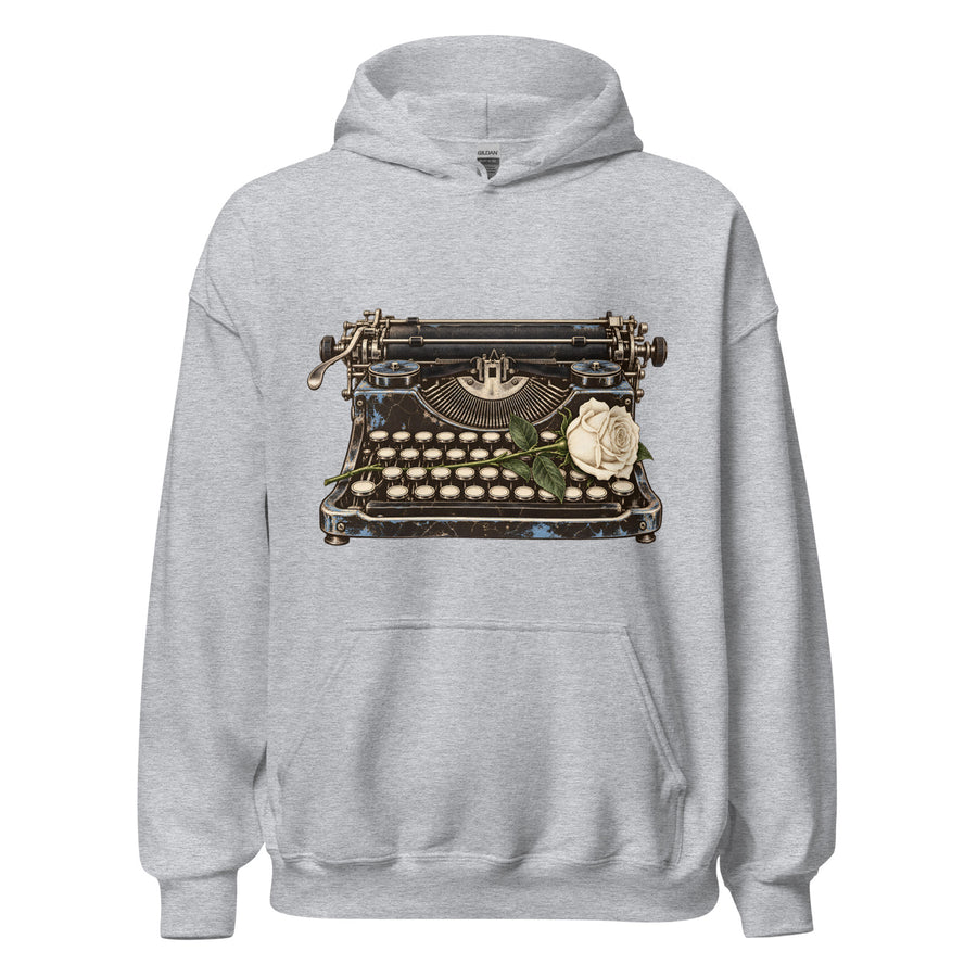 Typewriter & Rose Hoodie in Sport Grey — official front print preview