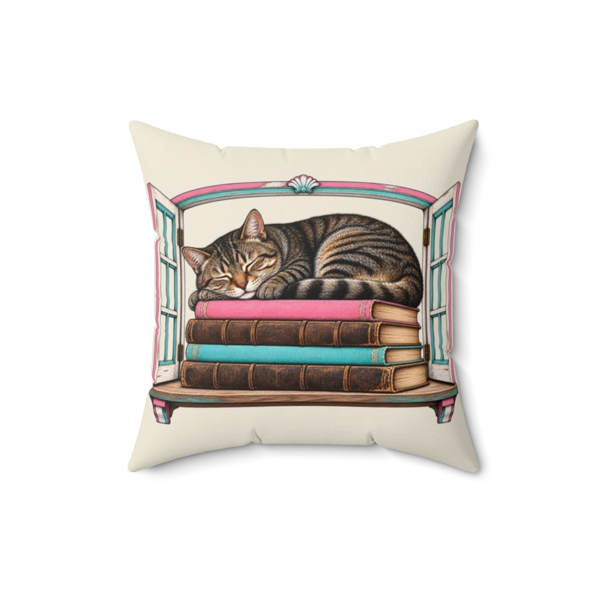 Cat in the Bookshop Window Throw Pillow — 16" × 16"