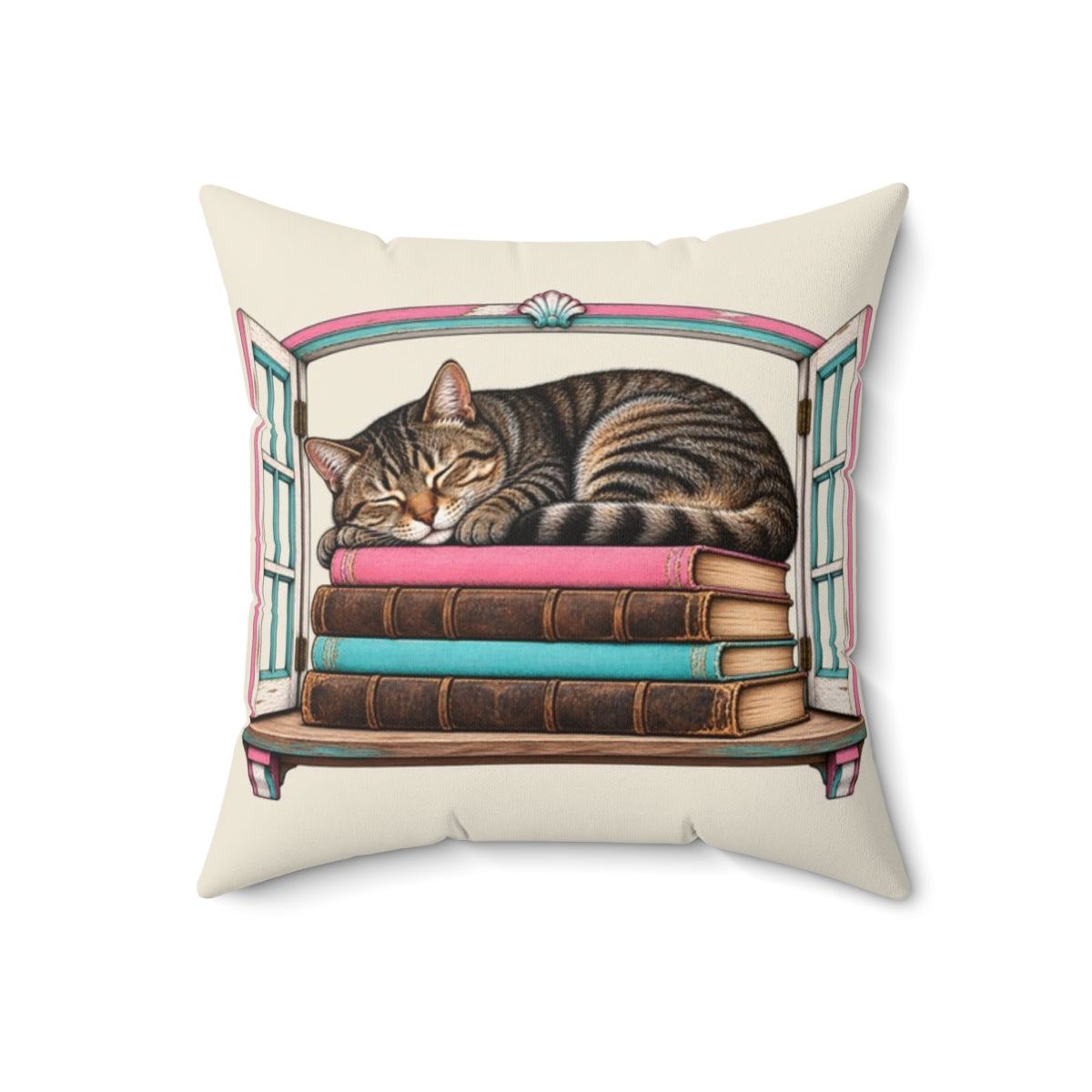 Cat in the Bookshop Window Throw Pillow — 18" × 18"