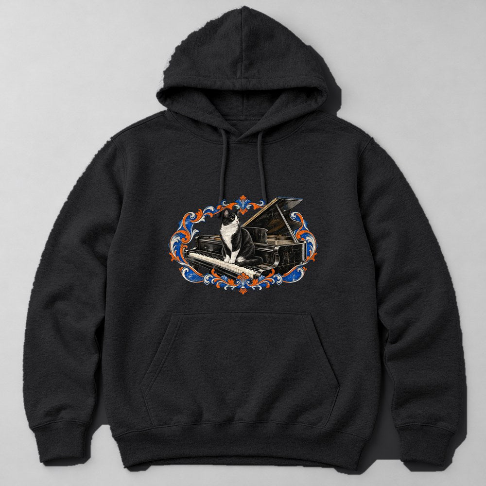 Tuxedo Cat Piano Hoodie in Black