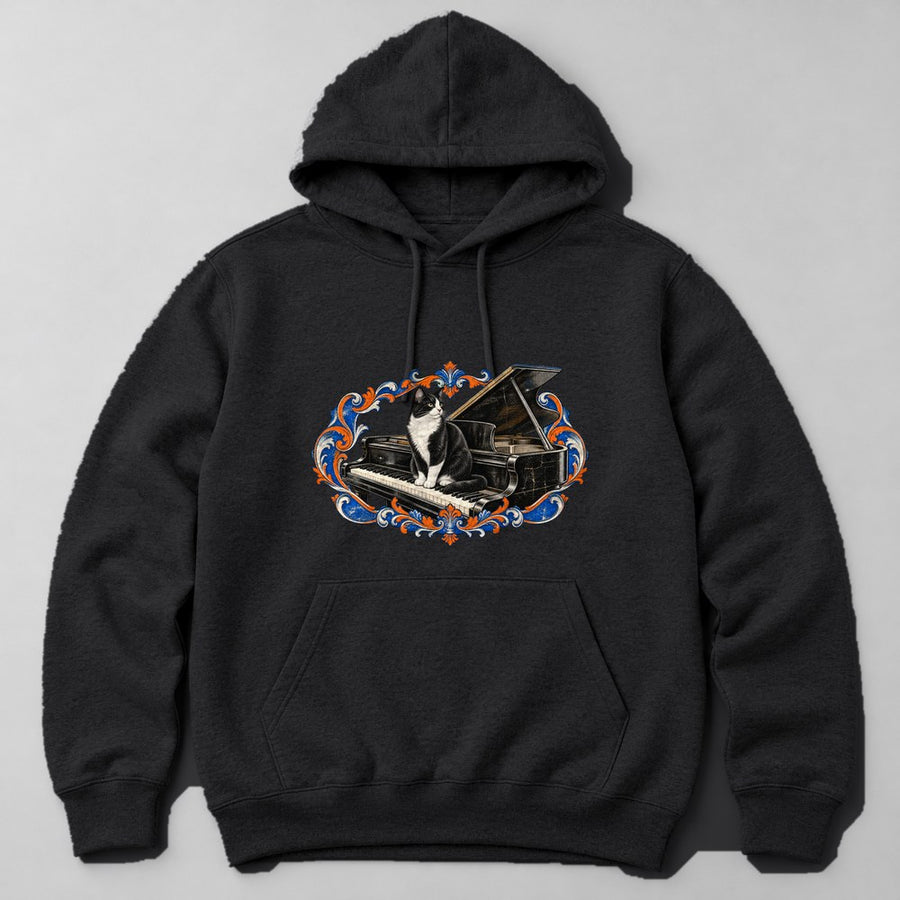 Tuxedo Cat Piano Hoodie in Black