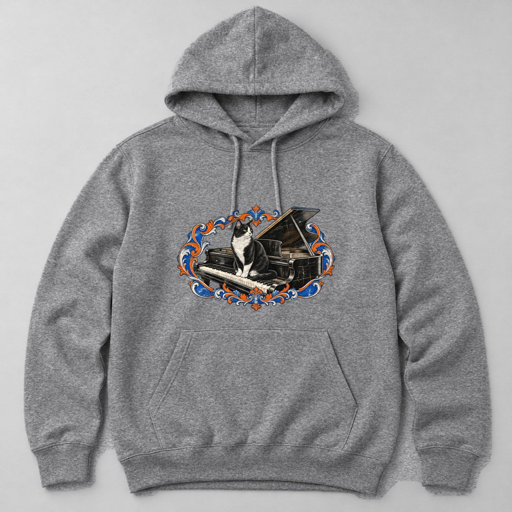 Tuxedo Cat Piano Hoodie in Heather Grey