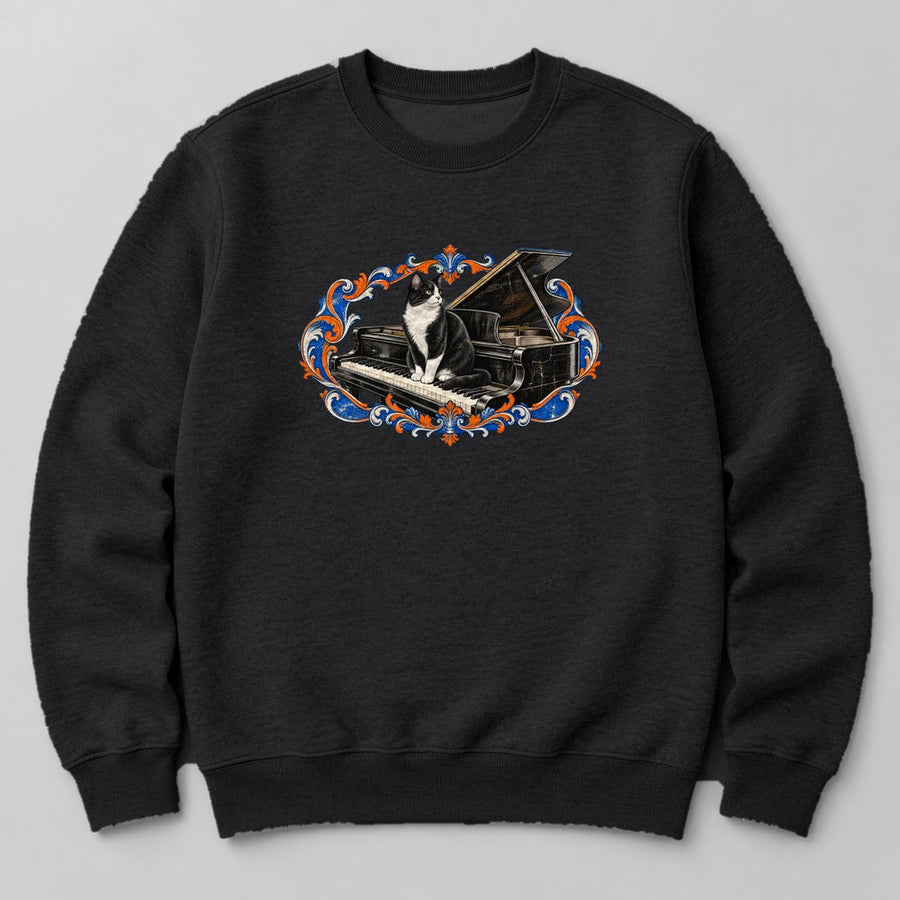 Tuxedo Cat Piano Sweatshirt in Black