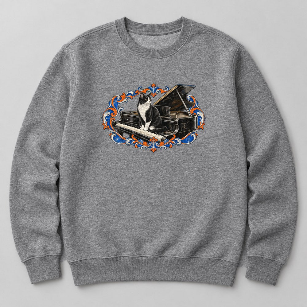 Tuxedo Cat Piano Sweatshirt in Heather Grey