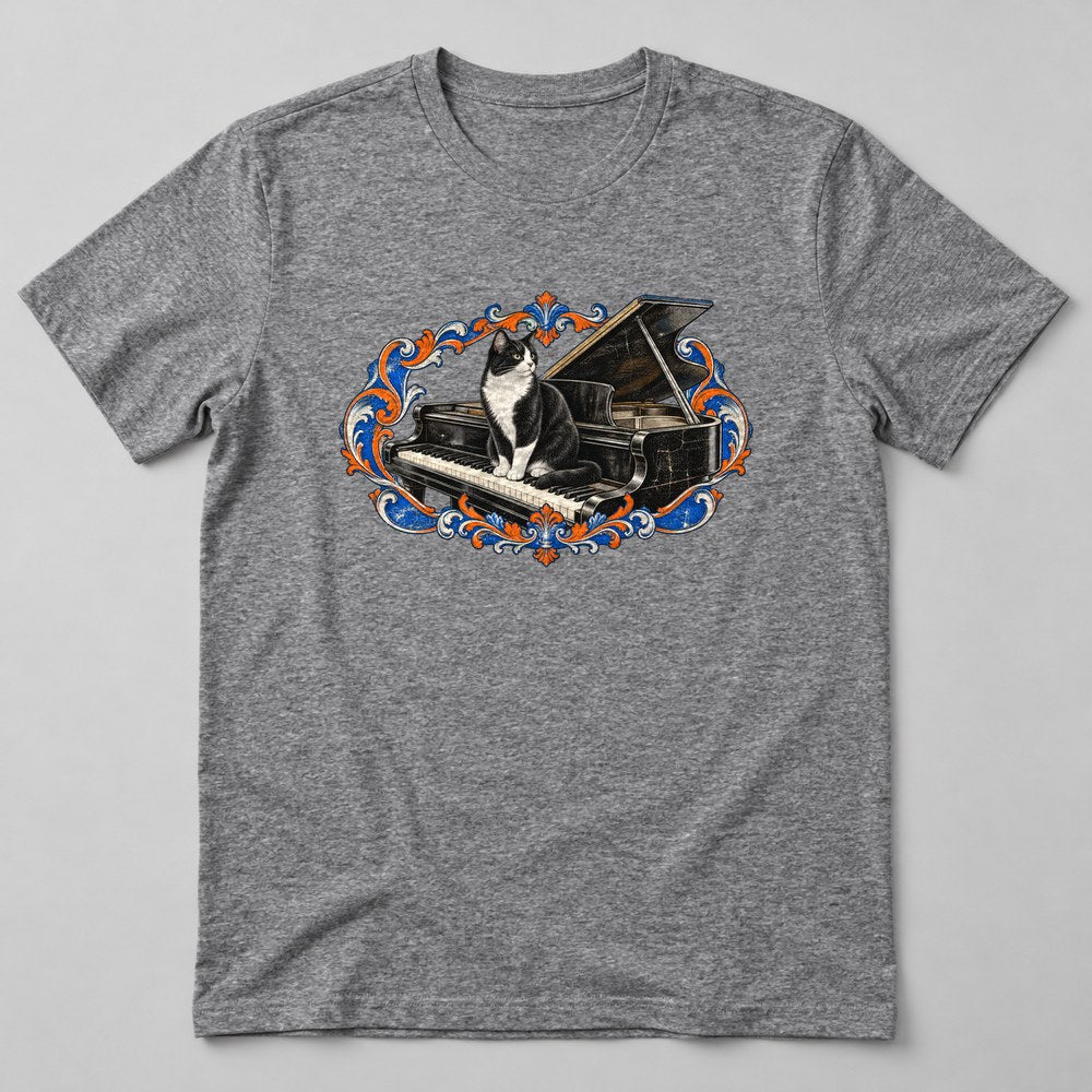 Tuxedo Cat Piano T-Shirt in Heather Grey