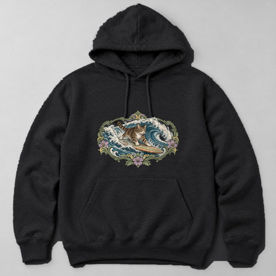 Cat Great Wave Hoodie in Black