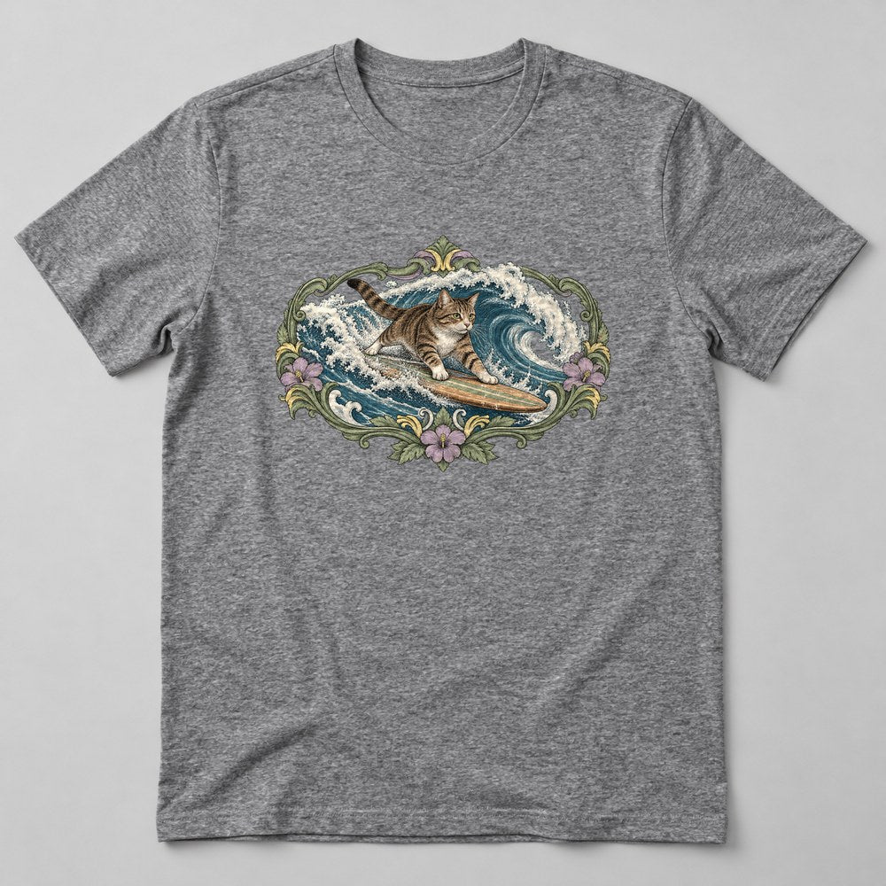 Cat Great Wave T-Shirt in Heather Grey