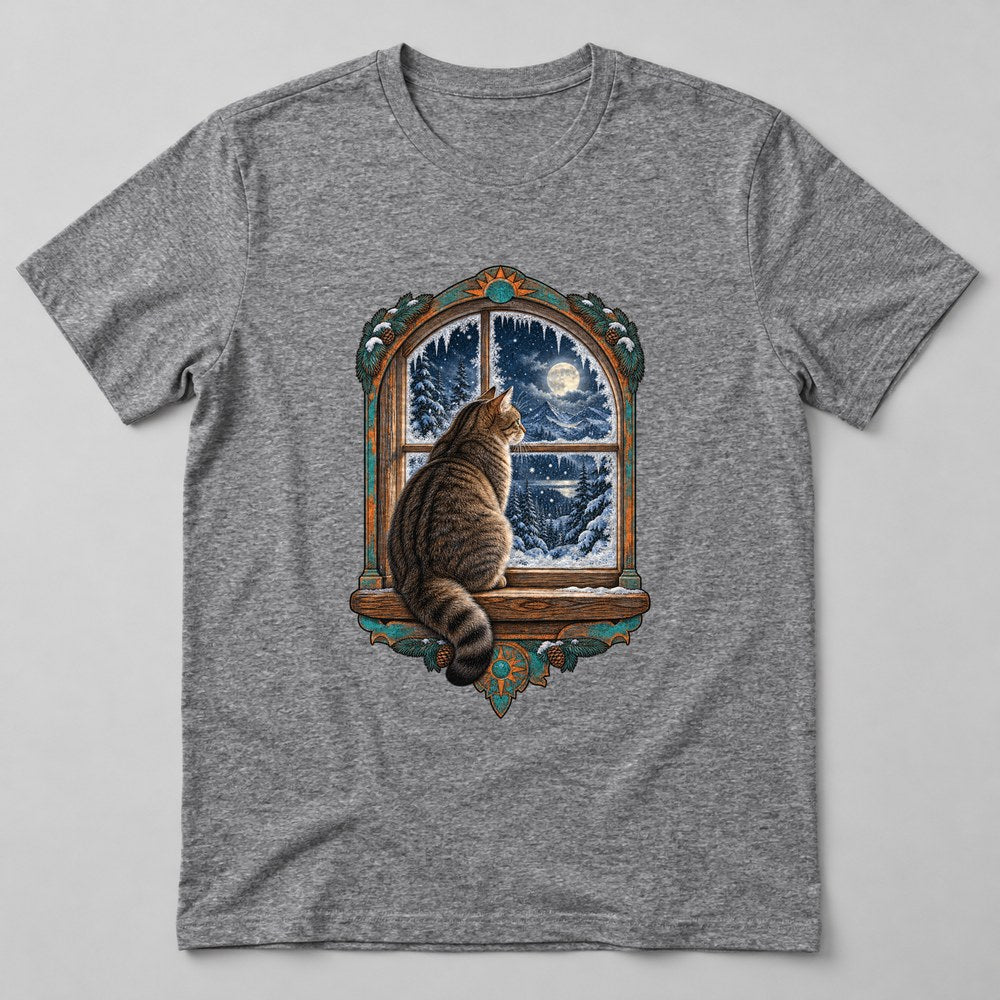 Cat Snow Window T-Shirt in Heather Grey