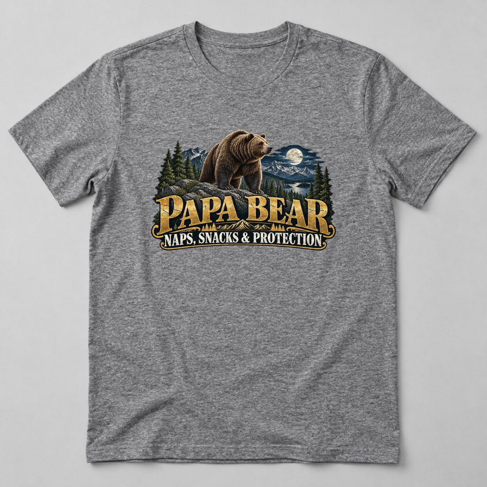 Papa Bear Naps, Snacks & Protection T-Shirt in Heather Grey