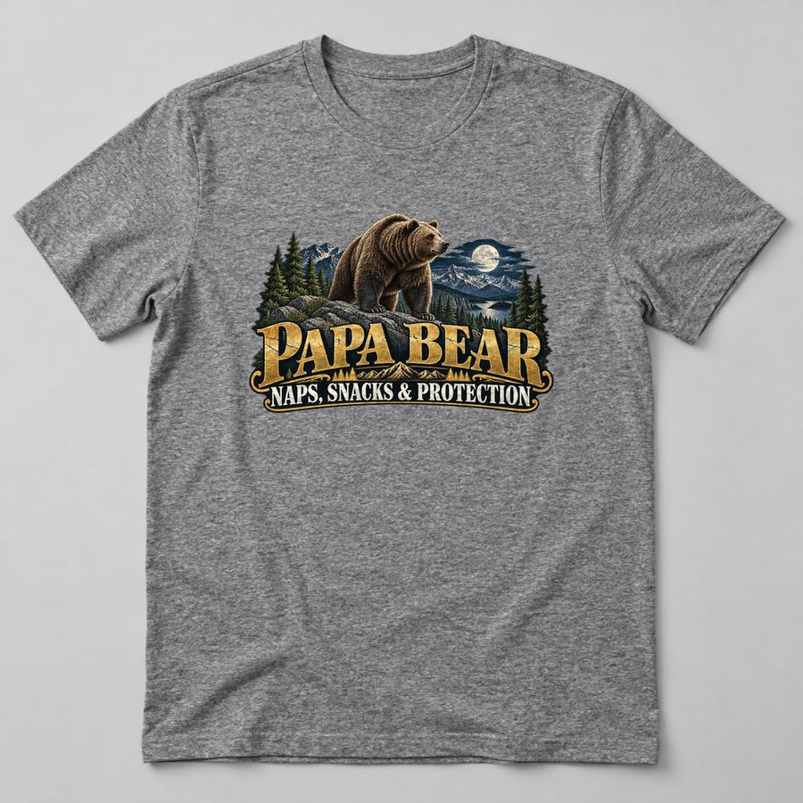 Papa Bear Naps, Snacks & Protection T-Shirt in Heather Grey
