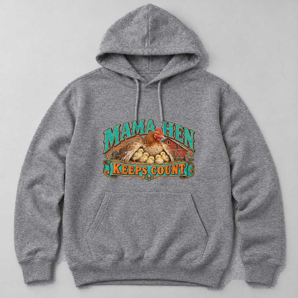 Mama Hen Keeps Count Hoodie in Heather Grey