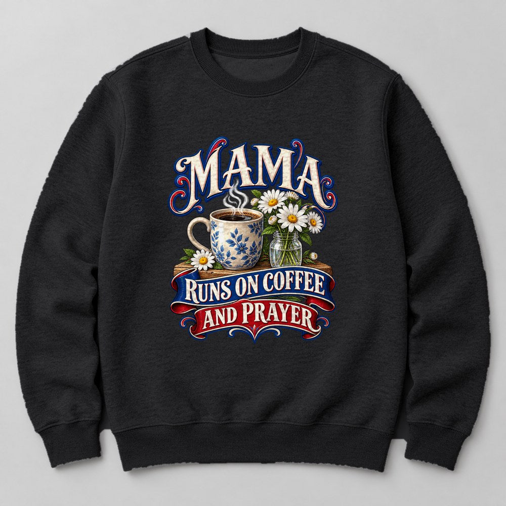 Mama Runs on Coffee and Prayer Sweatshirt in Black