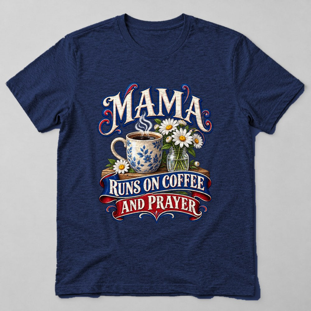 Mama Runs on Coffee and Prayer T-Shirt in Navy
