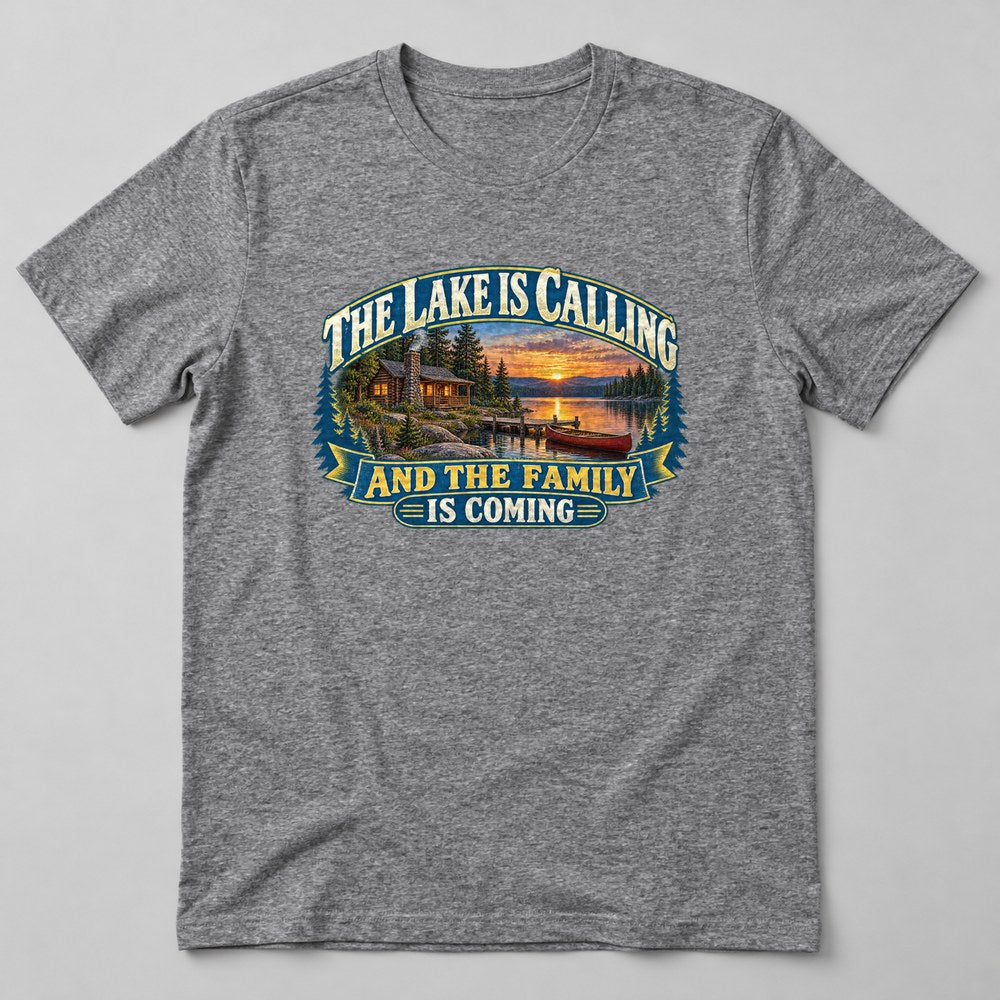 The Lake is Calling and the Family is Coming T-Shirt in Heather Grey
