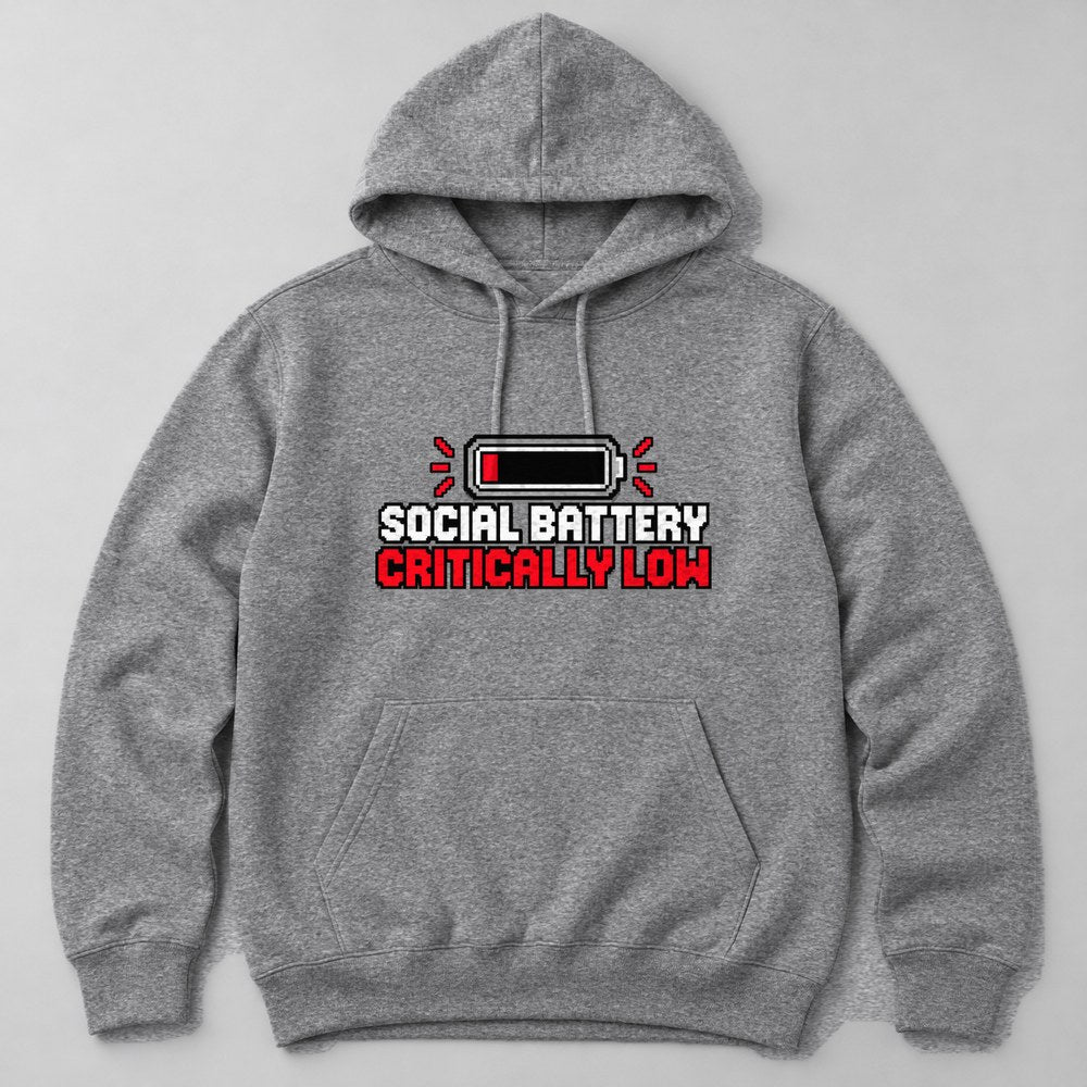 Social Battery Critically Low Hoodie in Heather Grey
