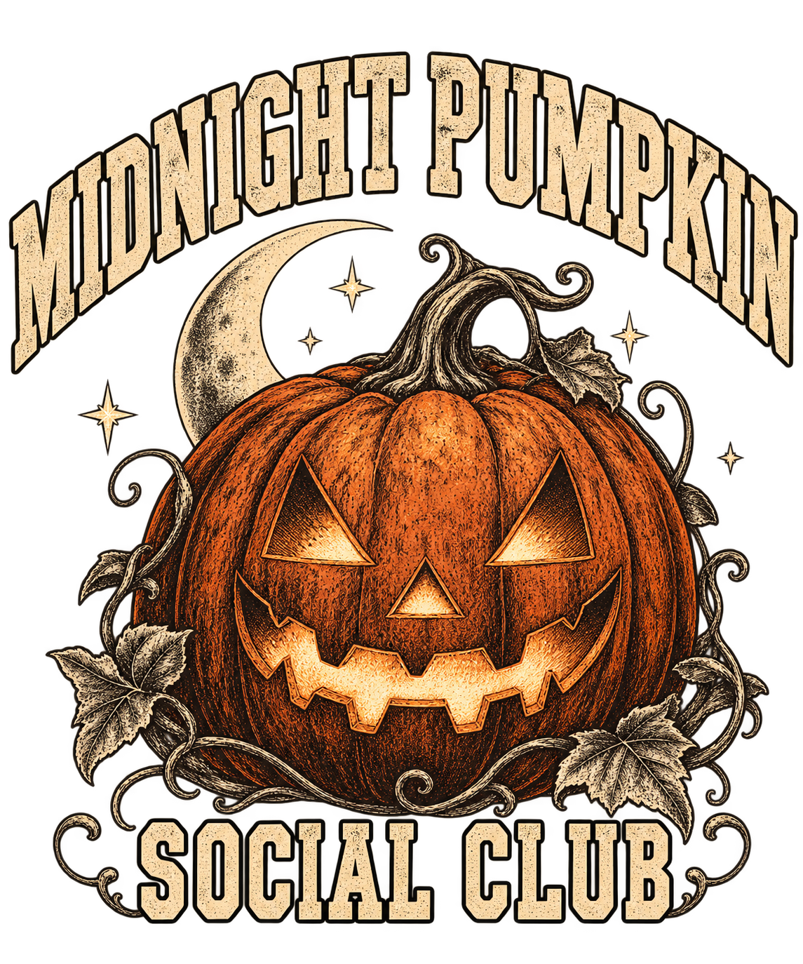 H001 artwork concept — Midnight Pumpkin Social Club. Pending approval, not a garment photograph.