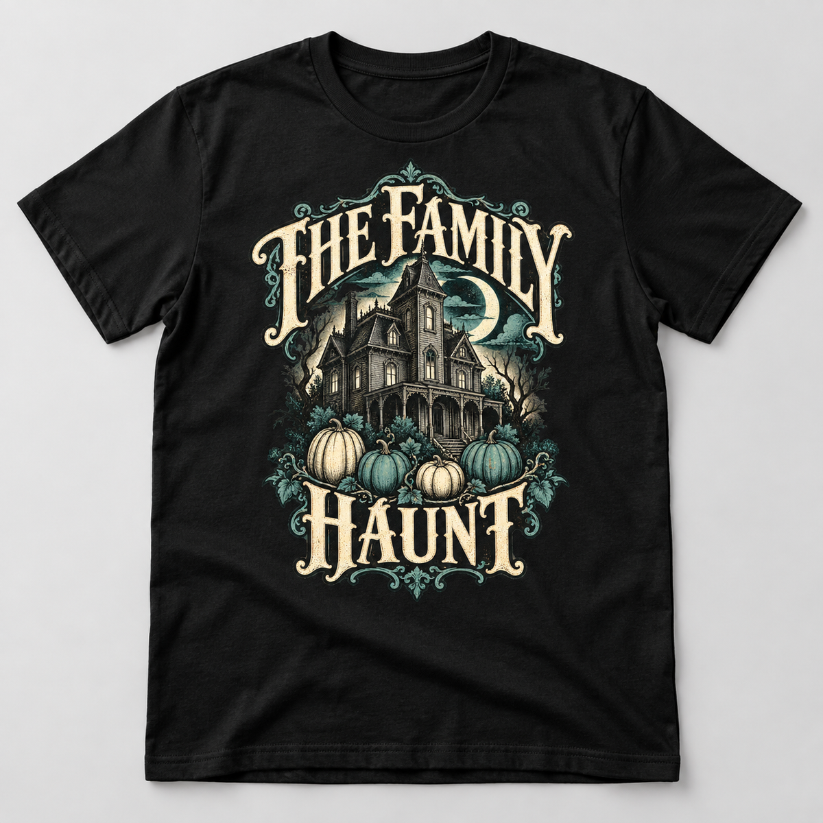 H007 — Black generic unisex crew-neck T-shirt mockup; illustrative preview