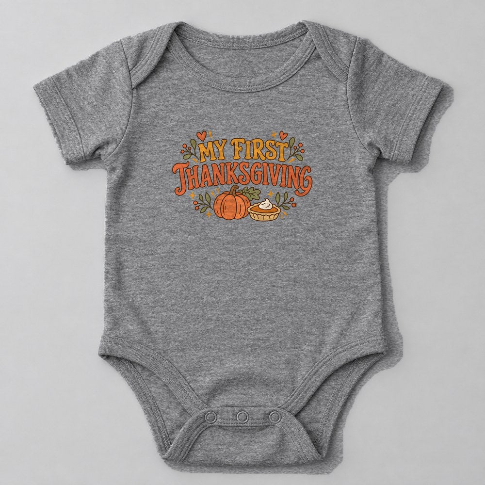 My First Thanksgiving Baby Onesie in Heather Grey
