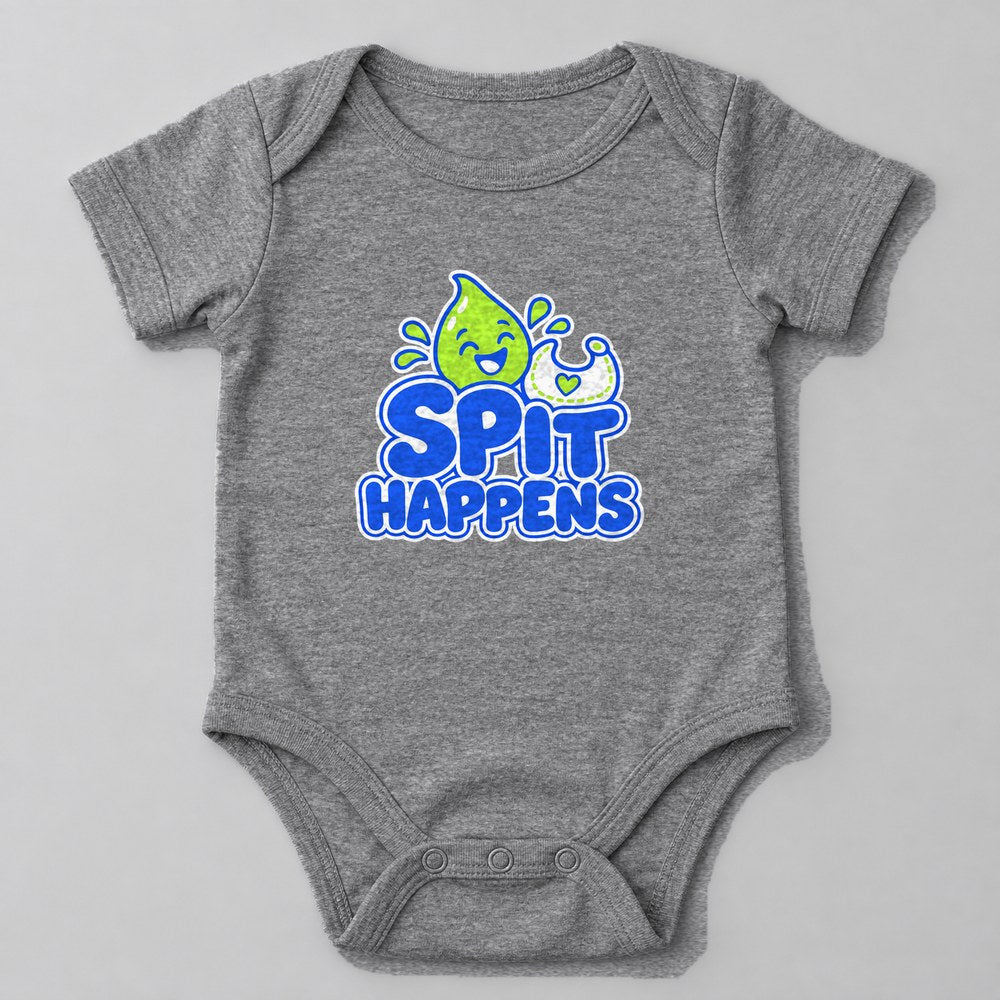 Spit Happens Baby Onesie in Heather Grey