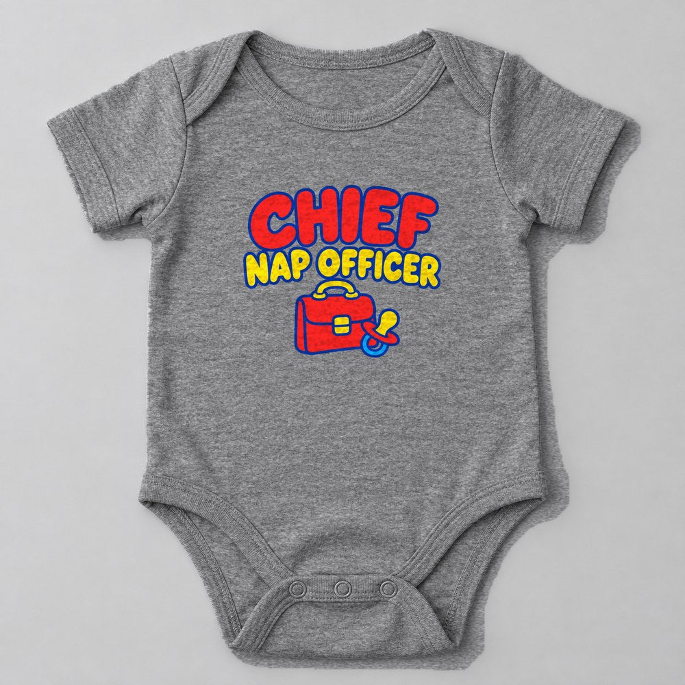 Chief Nap Officer Baby Onesie in Heather Grey