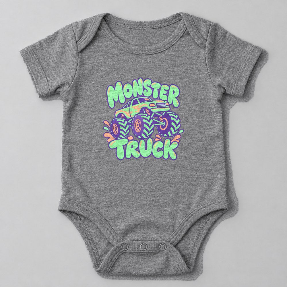 Monster Truck Baby Onesie in Heather Grey