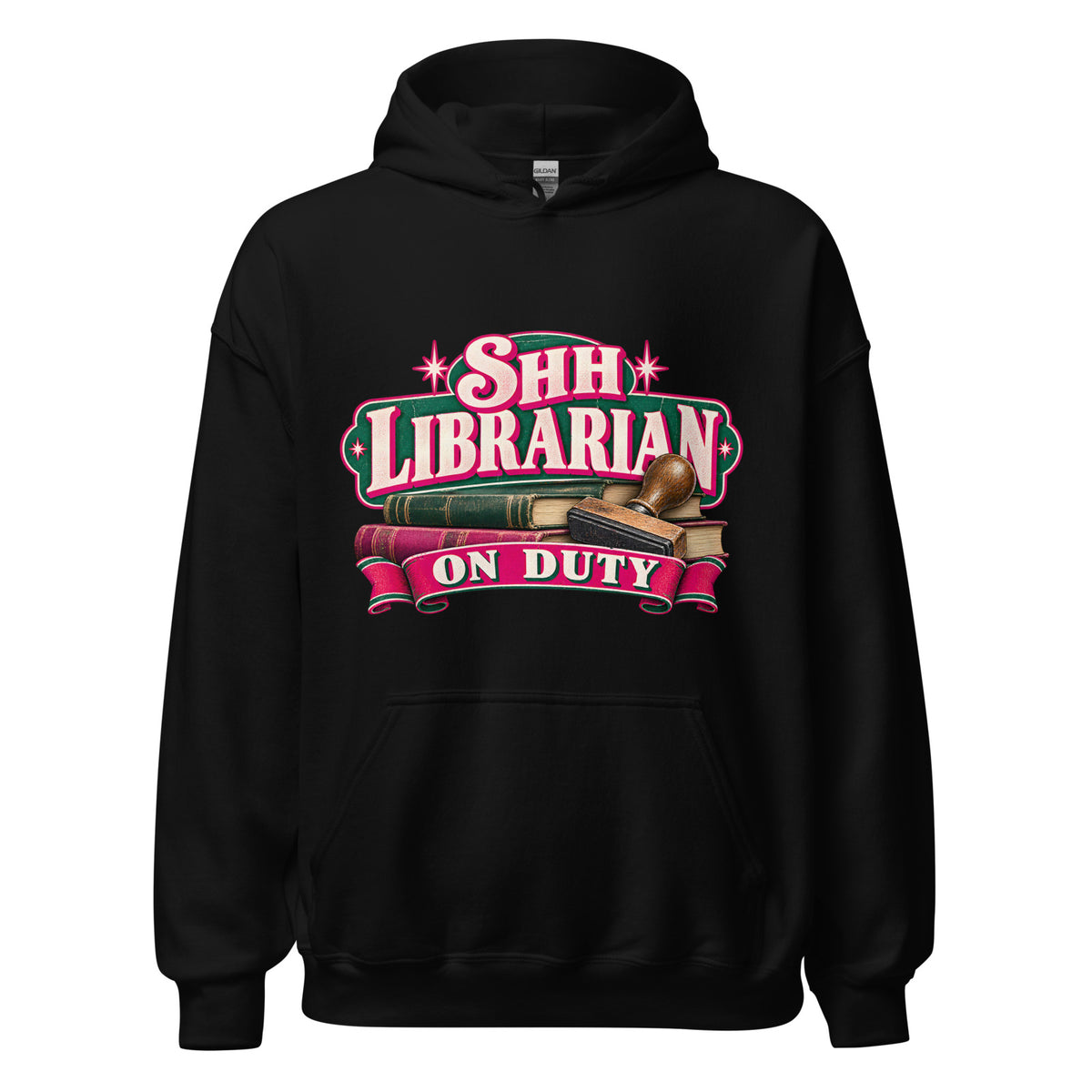 Shh, Librarian on Duty Hoodie in Black — official front print preview