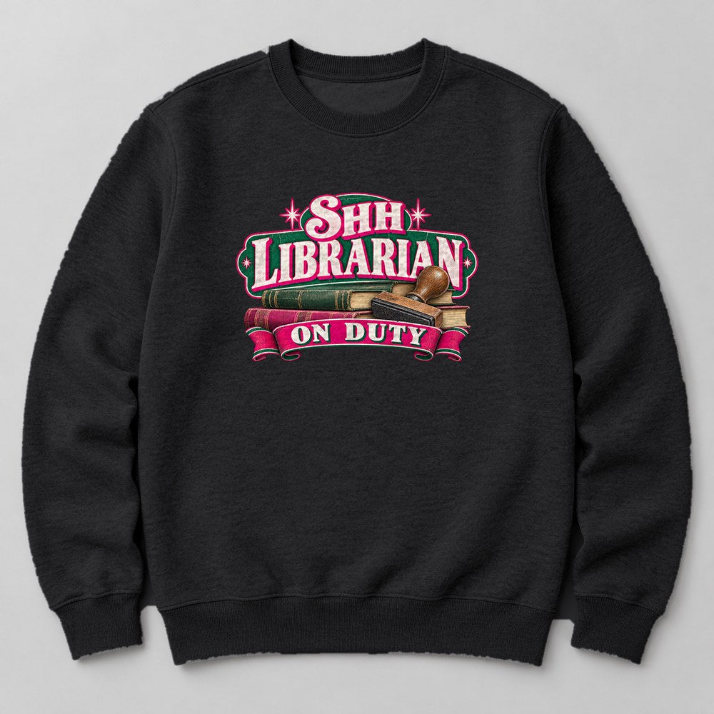 Shh, Librarian on Duty crewneck sweatshirt in Black