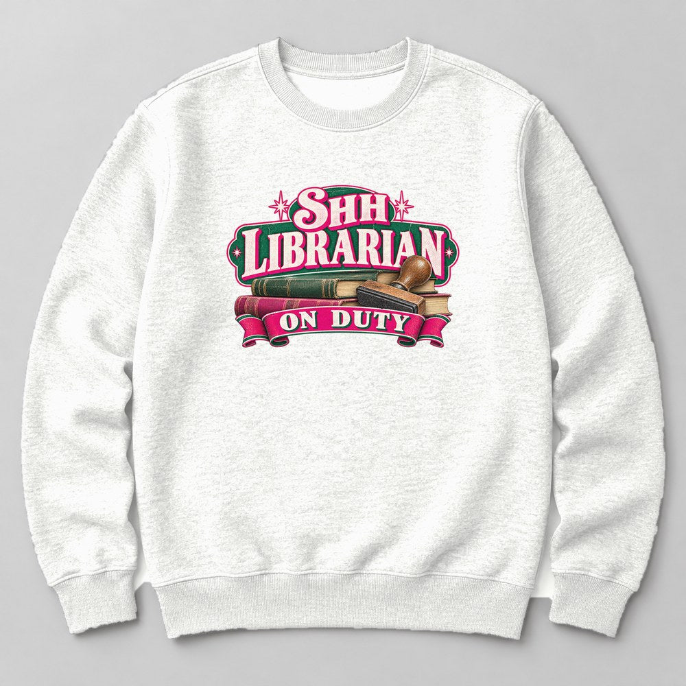 Shh, Librarian on Duty crewneck sweatshirt in White