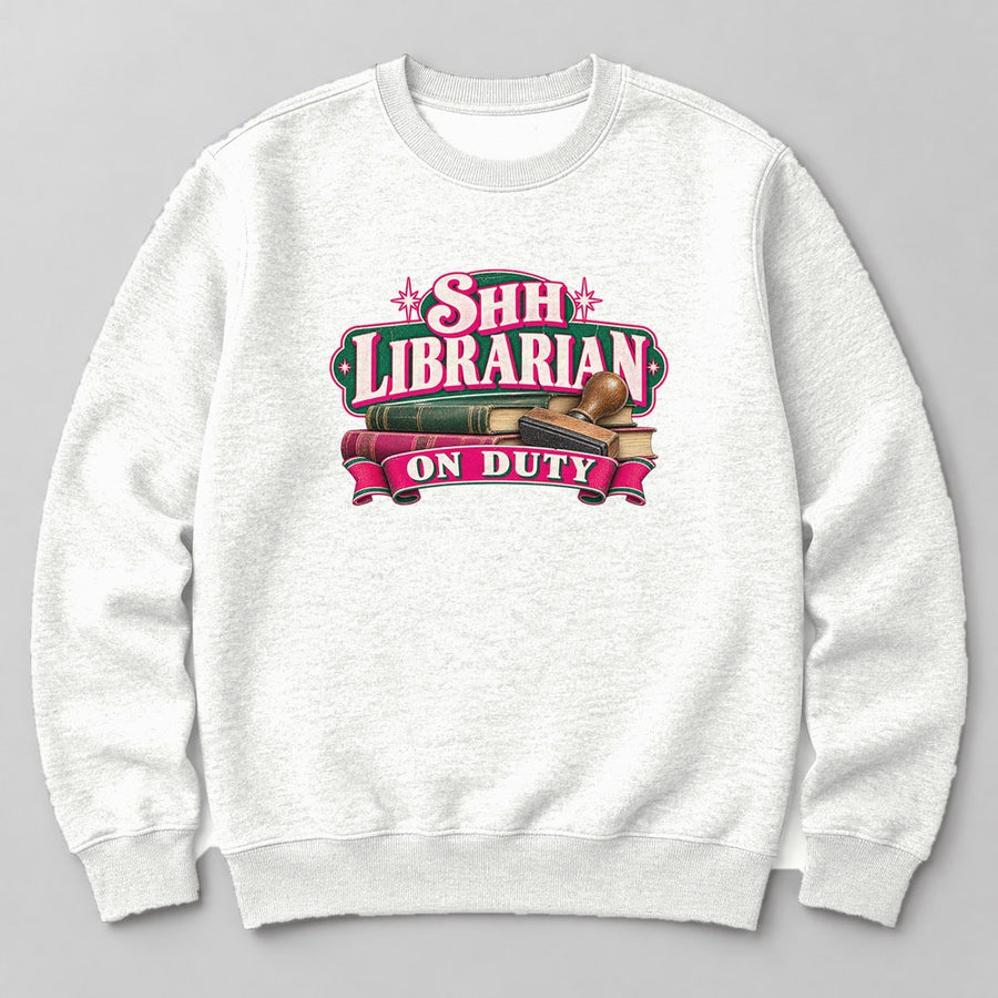 Shh, Librarian on Duty crewneck sweatshirt in White
