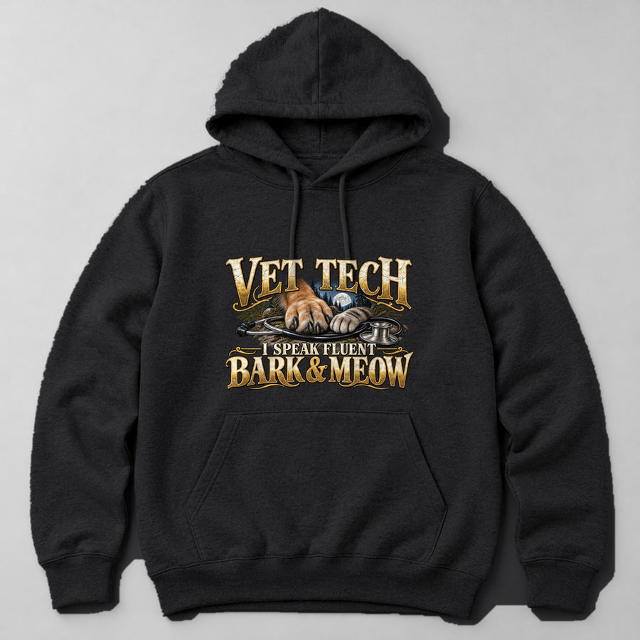 Vet Tech I Speak Fluent Bark & Meow Hoodie in Black