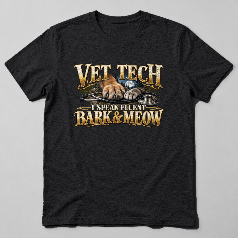 Vet Tech I Speak Fluent Bark & Meow T-Shirt in Black