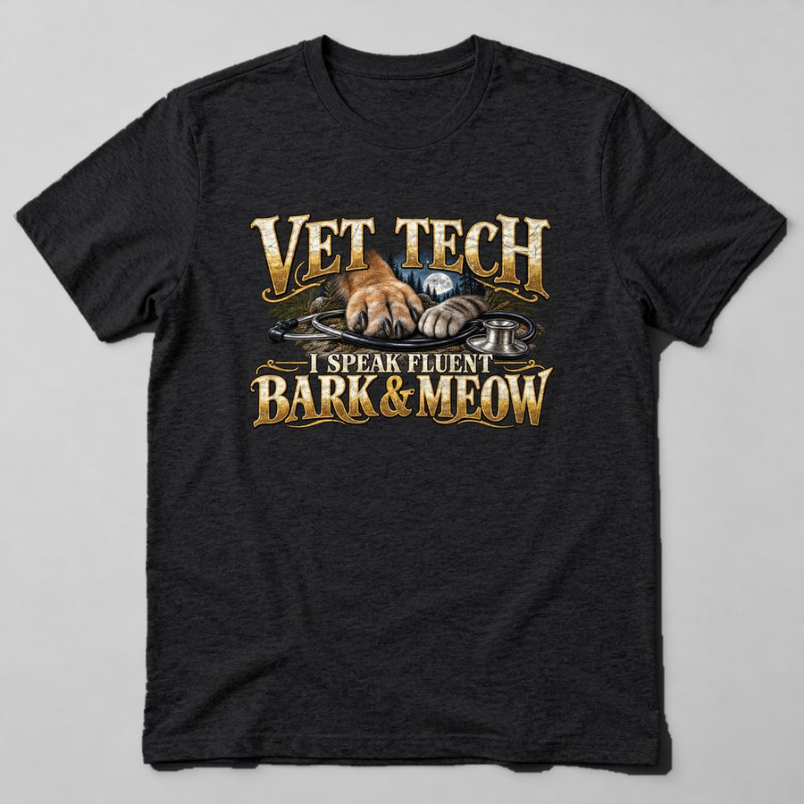 Vet Tech I Speak Fluent Bark & Meow T-Shirt in Black