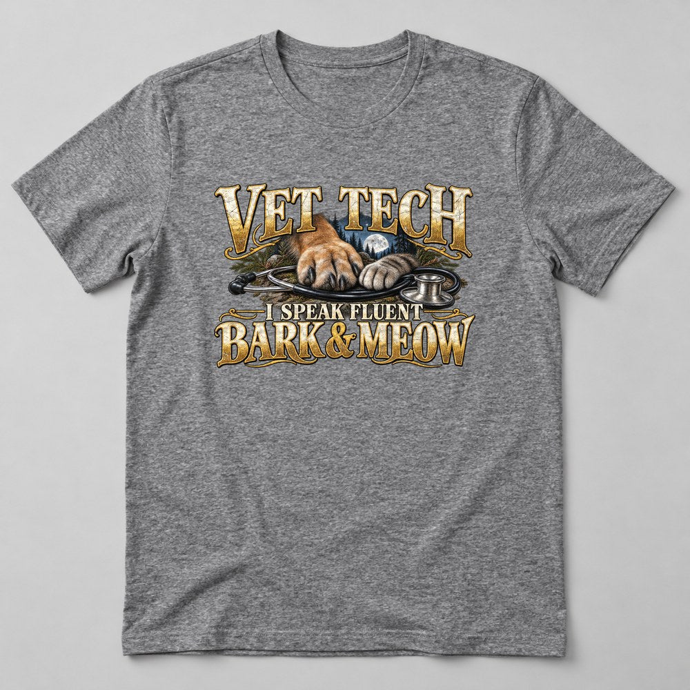 Vet Tech I Speak Fluent Bark & Meow T-Shirt in Heather Grey