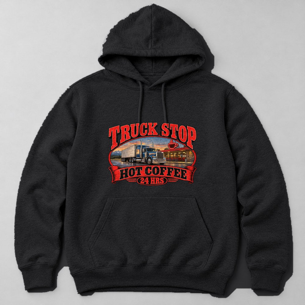 Truck Stop Hot Coffee 24 Hrs Hoodie in Black
