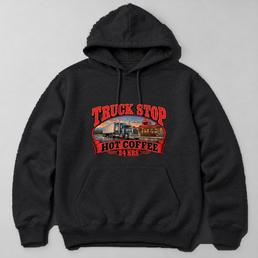 Truck Stop Hot Coffee 24 Hrs Hoodie in Black