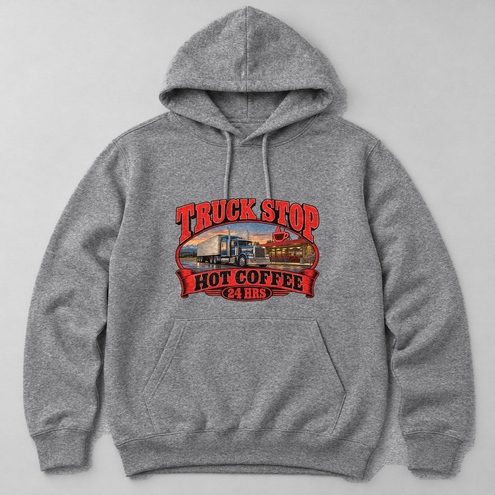 Truck Stop Hot Coffee 24 Hrs Hoodie in Heather Grey