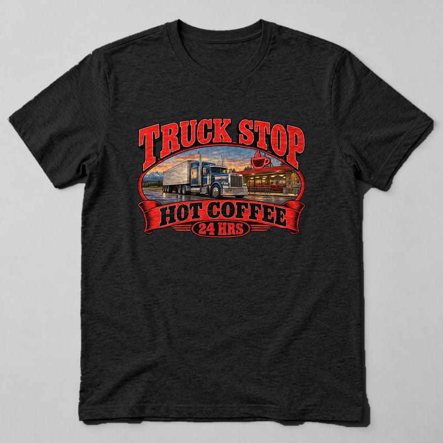 Truck Stop Hot Coffee 24 Hrs T-Shirt in Black