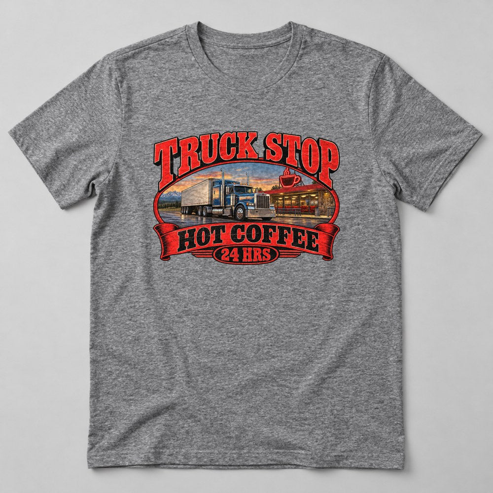 Truck Stop Hot Coffee 24 Hrs T-Shirt in Heather Grey