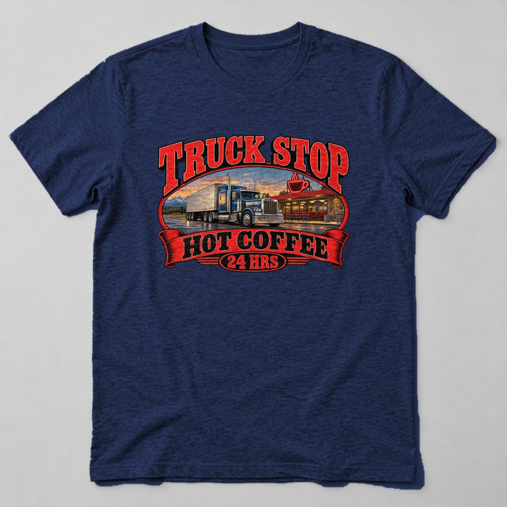 Truck Stop Hot Coffee 24 Hrs T-Shirt in Navy