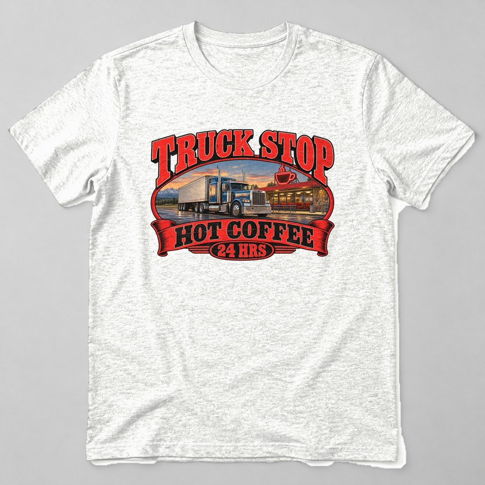 Truck Stop Hot Coffee 24 Hrs T-Shirt in White